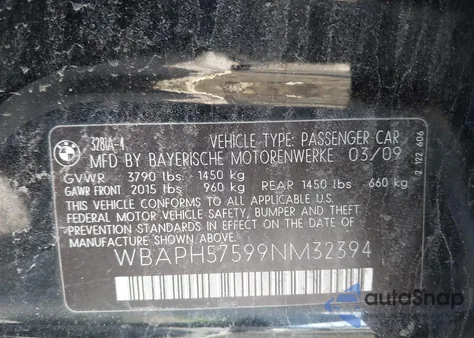 2009 BMW 328I из США, поврежденный, VIN WBAPH57599NM32394